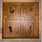 Engraved, wooden ludo board game with wood-stained borders and Caribbean island (e.g., Haiti, Jamaica, Trinidad & Guyana) design.